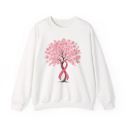 White cherry blossom tree sweatshirt with pink ribbon trunk