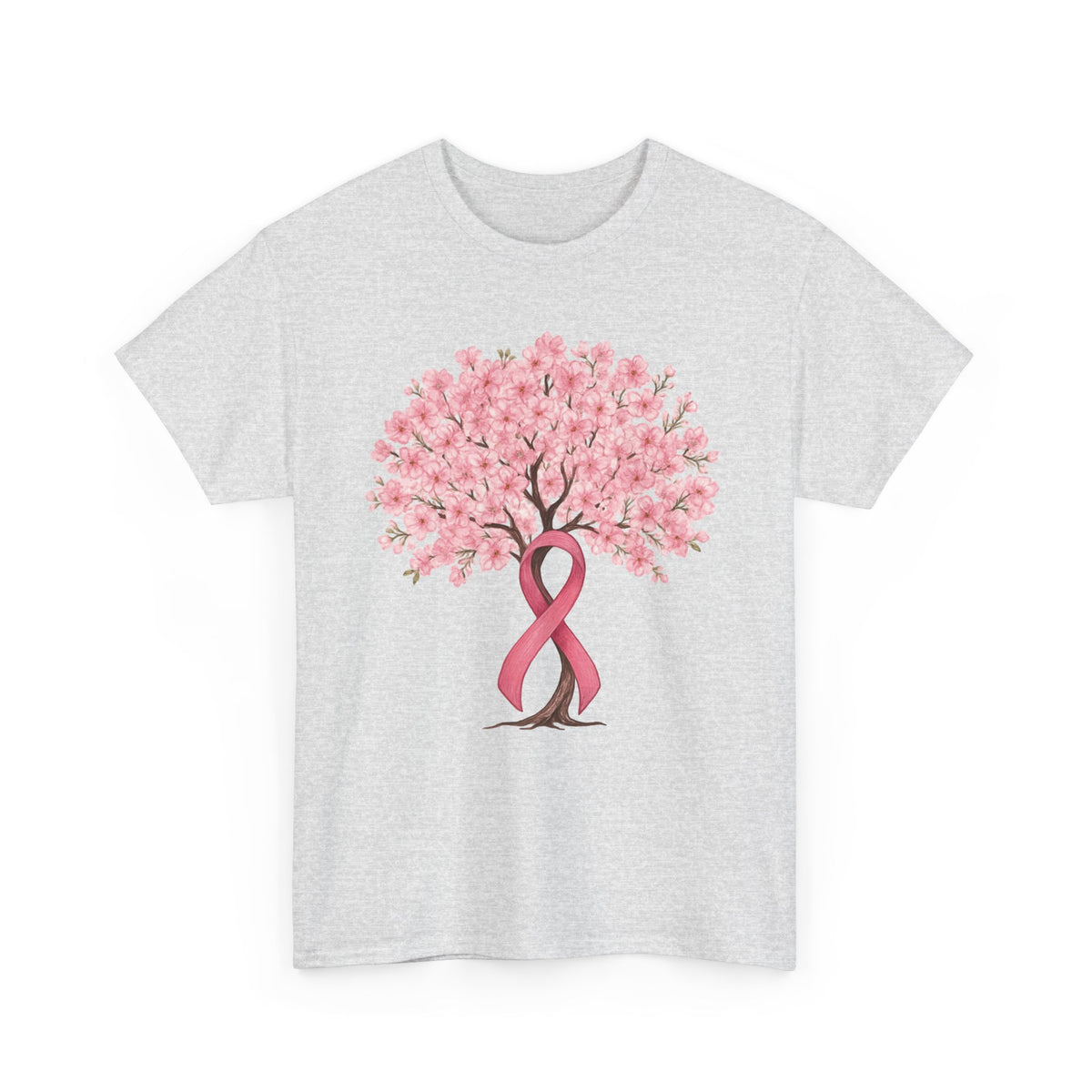 Ash grey cherry blossom tree t-shirt with pink ribbon trunk