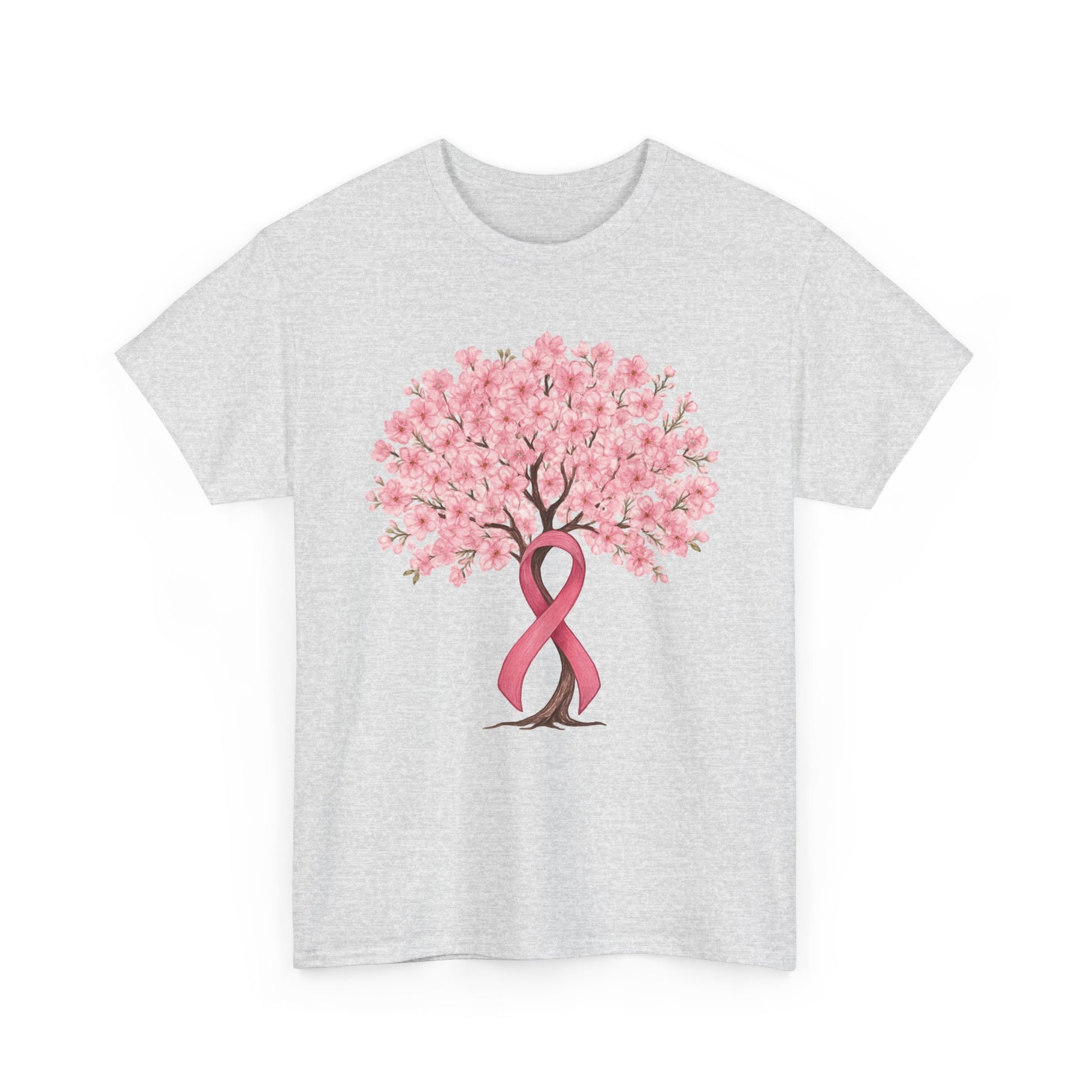 Ash grey cherry blossom tree t-shirt with pink ribbon trunk