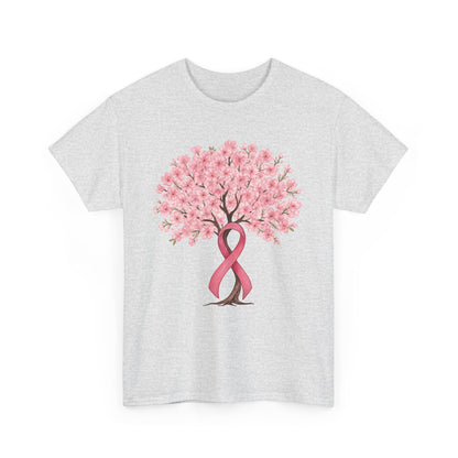 Ash grey cherry blossom tree t-shirt with pink ribbon trunk