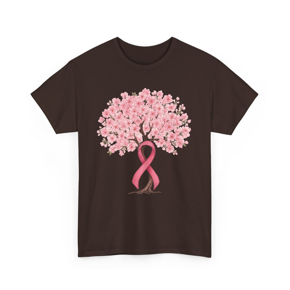 Dark chocolate cherry blossom tree t-shirt with pink ribbon trunk