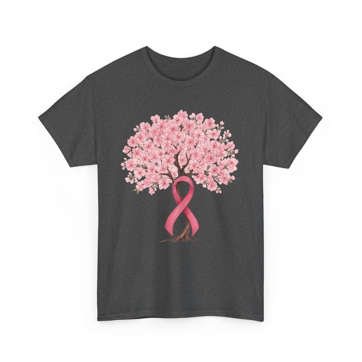 Dark heather cherry blossom tree t-shirt with pink ribbon trunk