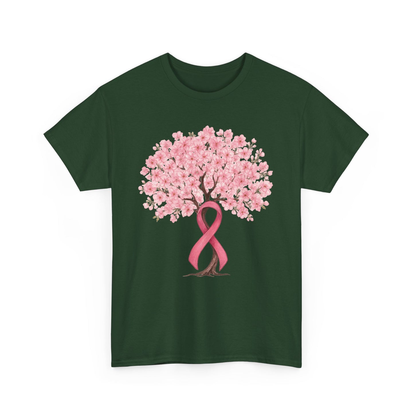 Forest green cherry blossom tree t-shirt with pink ribbon trunk