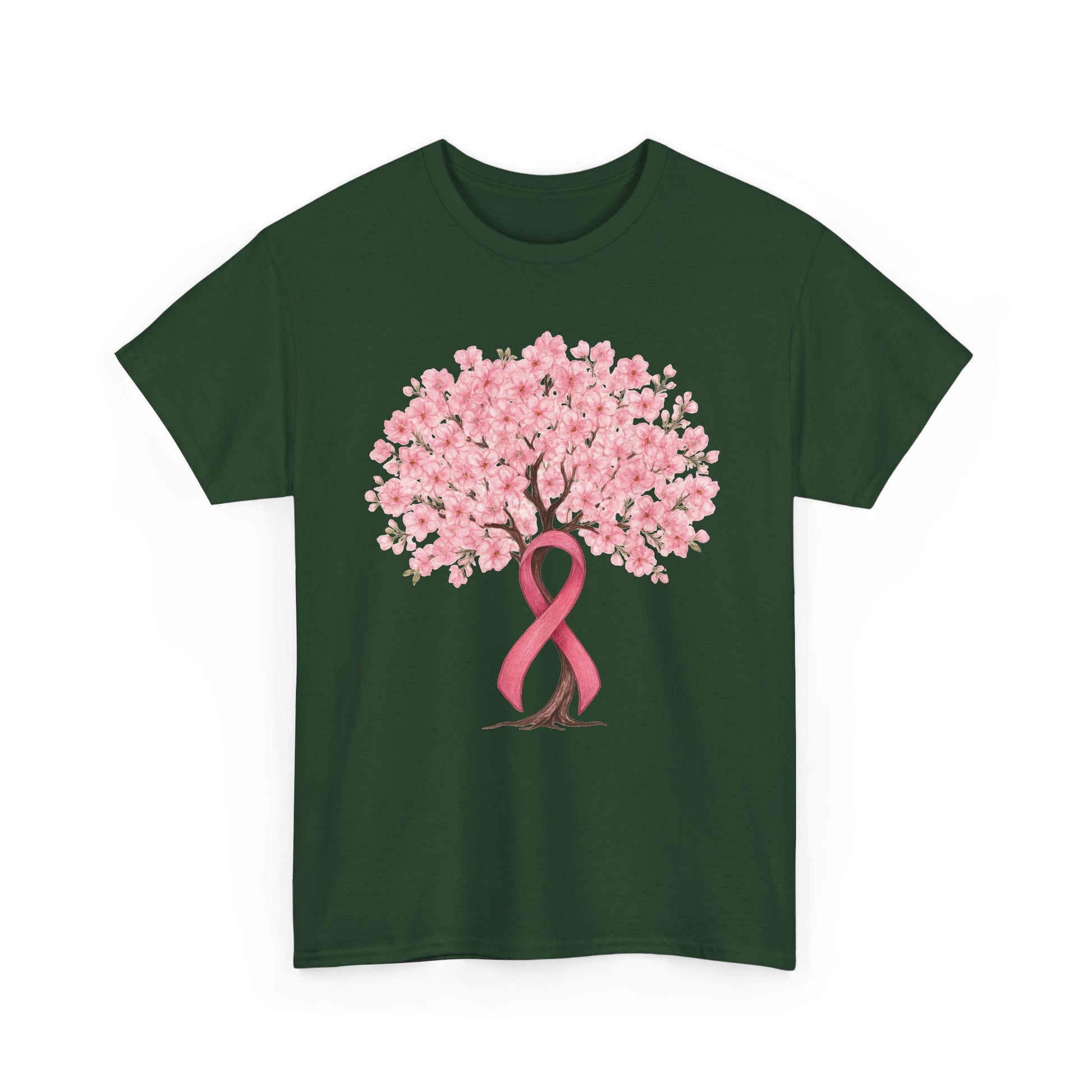 Forest green cherry blossom tree t-shirt with pink ribbon trunk