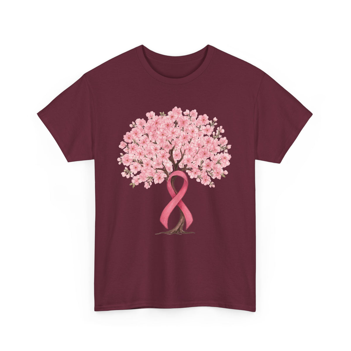 Maroon cherry blossom tree t-shirt with pink ribbon trunk