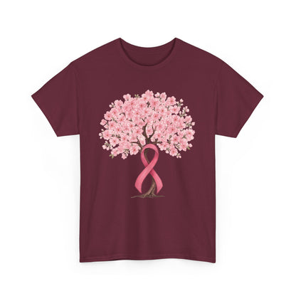 Maroon cherry blossom tree t-shirt with pink ribbon trunk