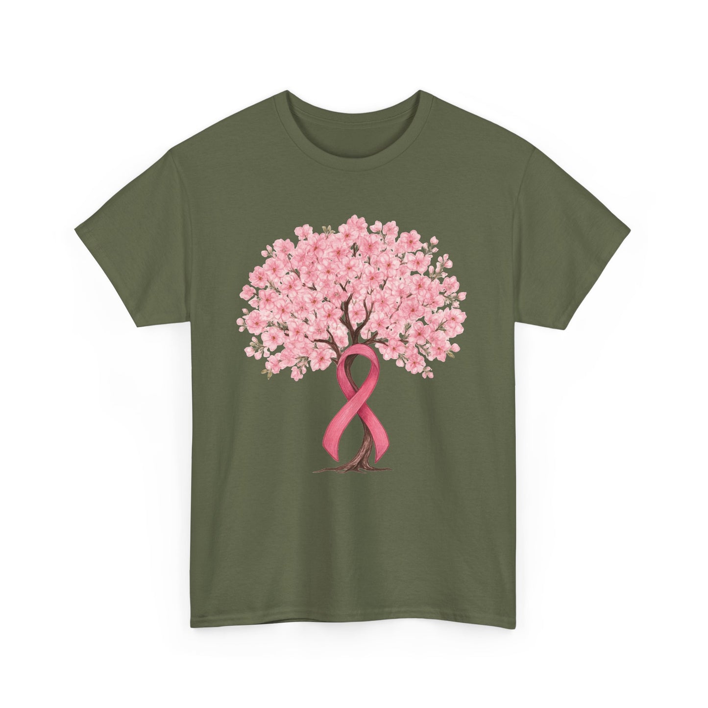 Military green cherry blossom tree t-shirt with pink ribbon trunk