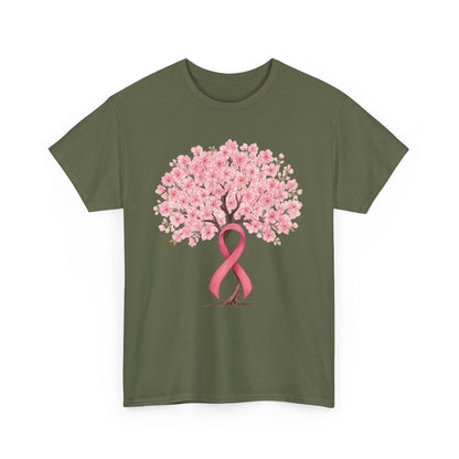 Military green cherry blossom tree t-shirt with pink ribbon trunk