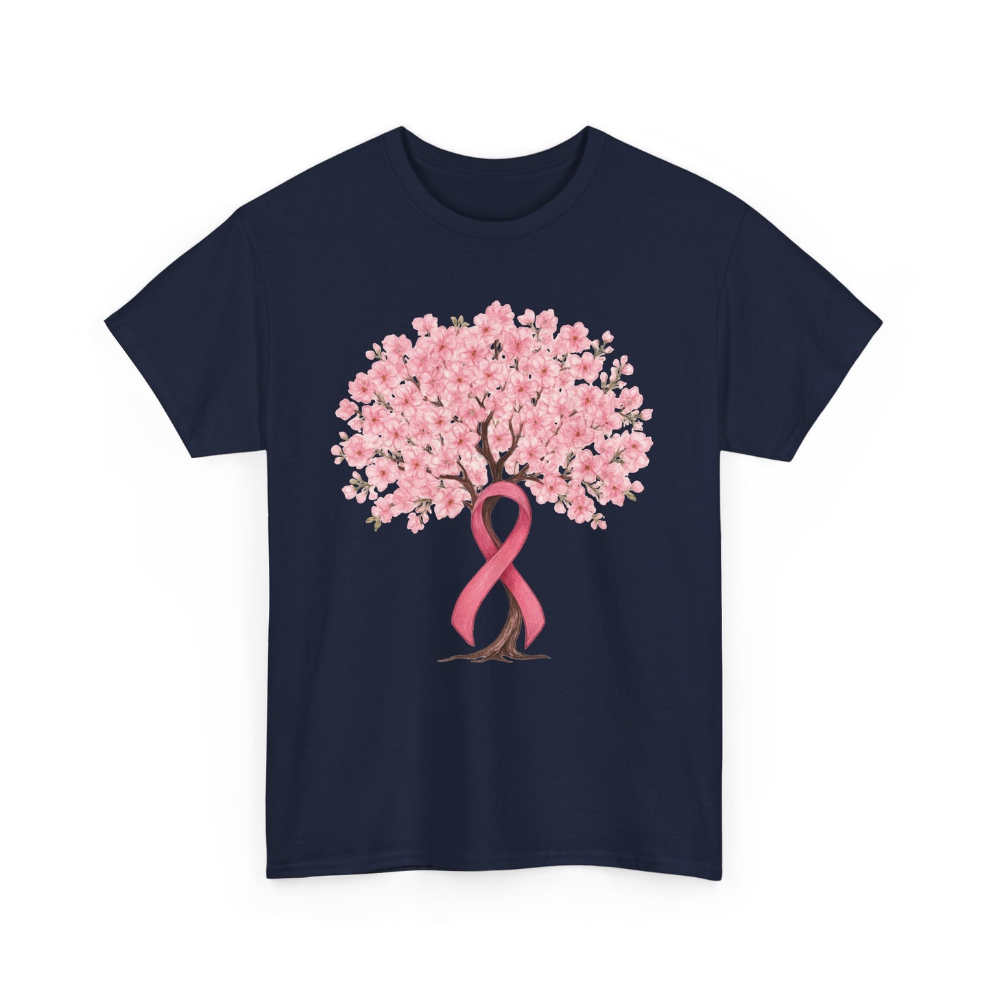 Navy cherry blossom tree t-shirt with pink ribbon trunk