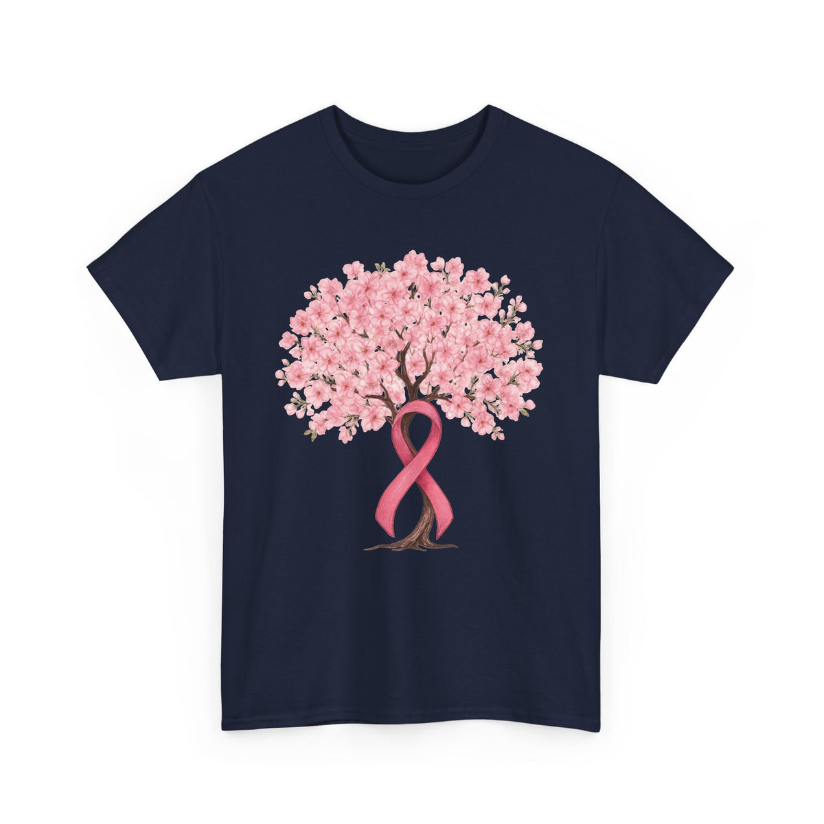 Navy cherry blossom tree t-shirt with pink ribbon trunk