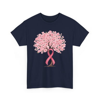 Navy cherry blossom tree t-shirt with pink ribbon trunk