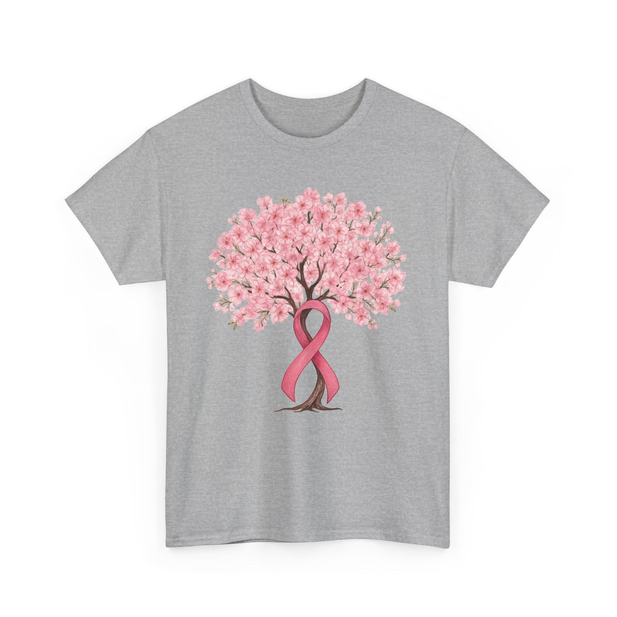 Sport grey cherry blossom tree t-shirt with pink ribbon trunk