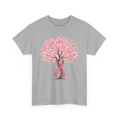 Sport grey cherry blossom tree t-shirt with pink ribbon trunk