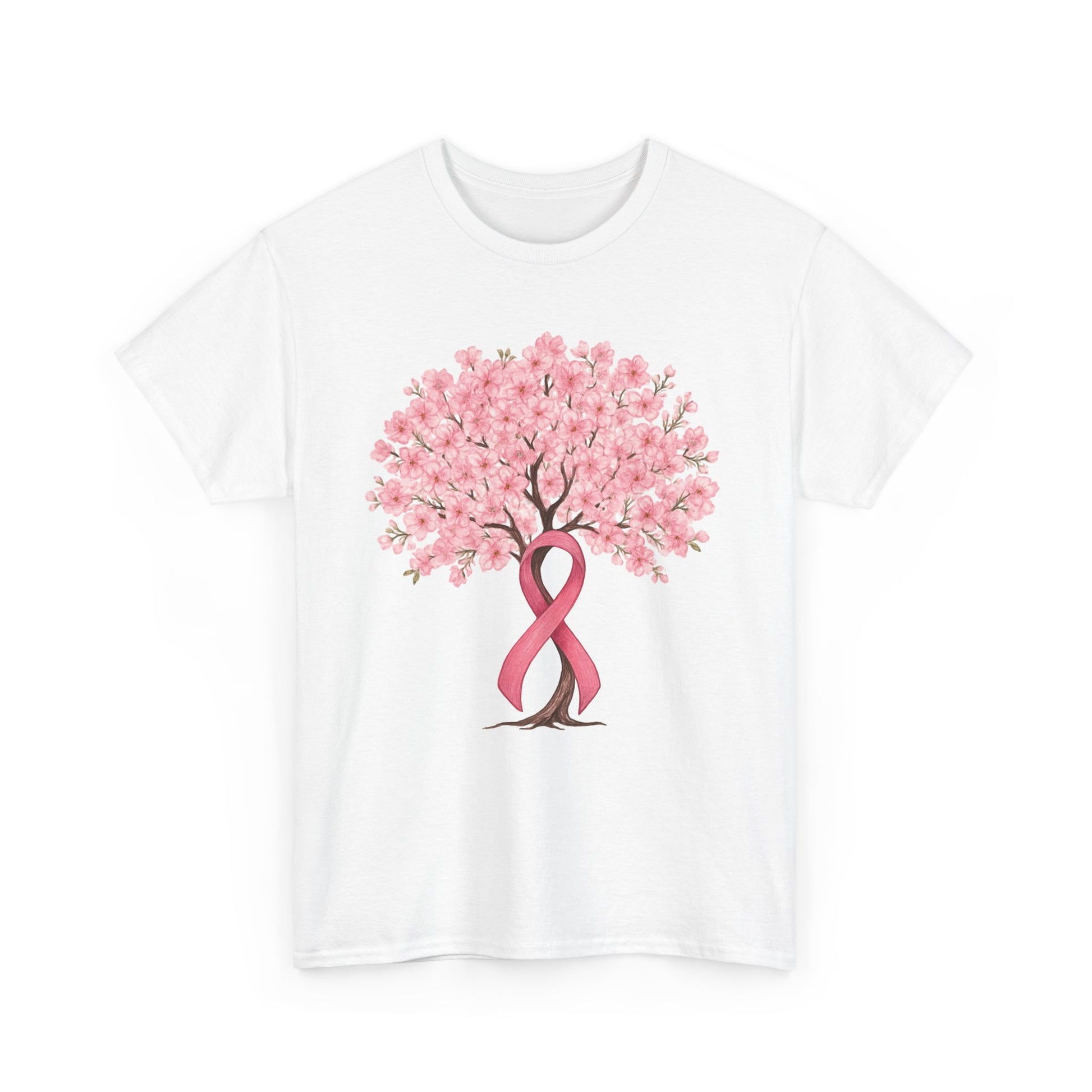 White cherry blossom tree t-shirt with pink ribbon trunk