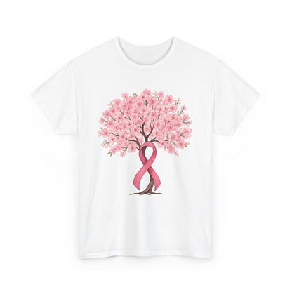 White cherry blossom tree t-shirt with pink ribbon trunk