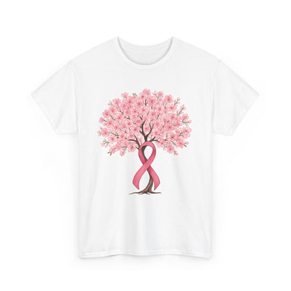 White cherry blossom tree t-shirt with pink ribbon trunk