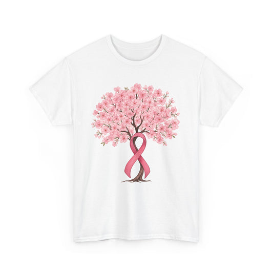 White cherry blossom tree t-shirt with pink ribbon trunk