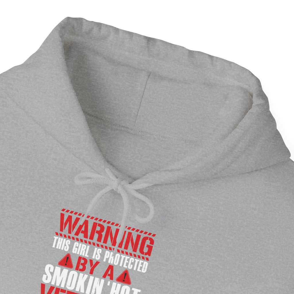Protected By A Smokin' Hot Veteran Hoodie, front collar close-up