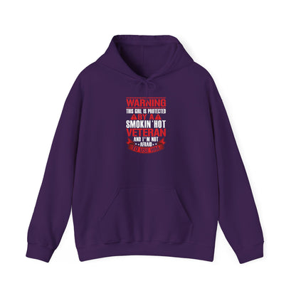 Purple Protected By A Smokin' Hot Veteran hoodie with red and white warning lettering