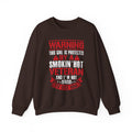 Dark Chocolate Protected By A Smokin' Hot Veteran warning sweatshirt, front view