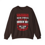 Dark Chocolate Protected By A Smokin' Hot Veteran warning sweatshirt, front view