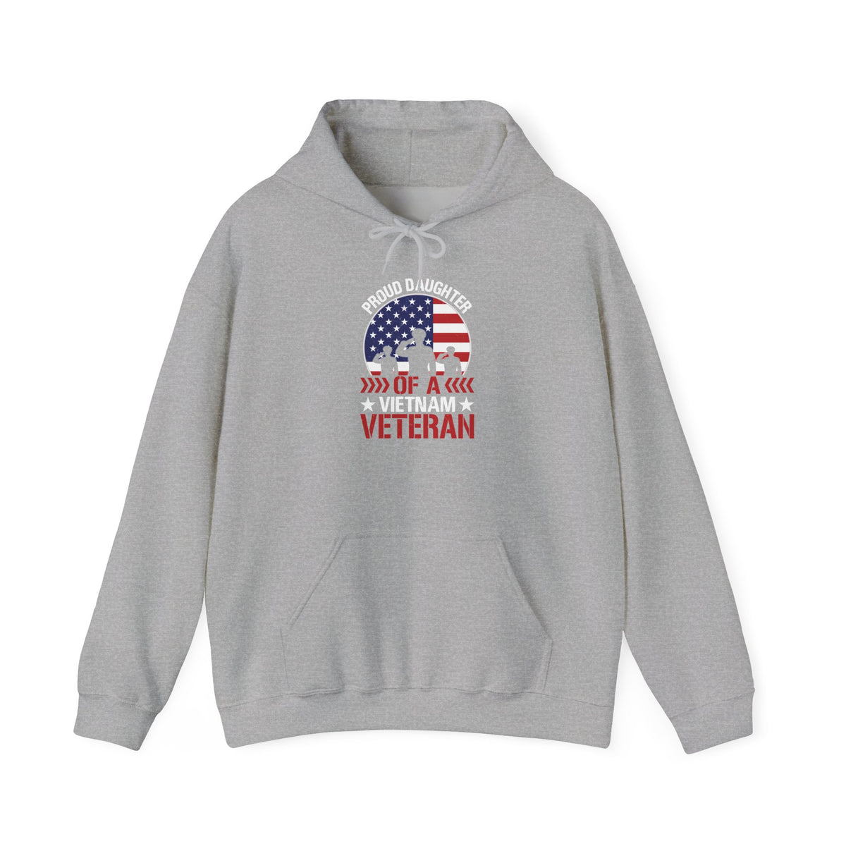 Sport grey proud daughter of a Vietnam veteran hoodie with saluting soldiers and flag emblem