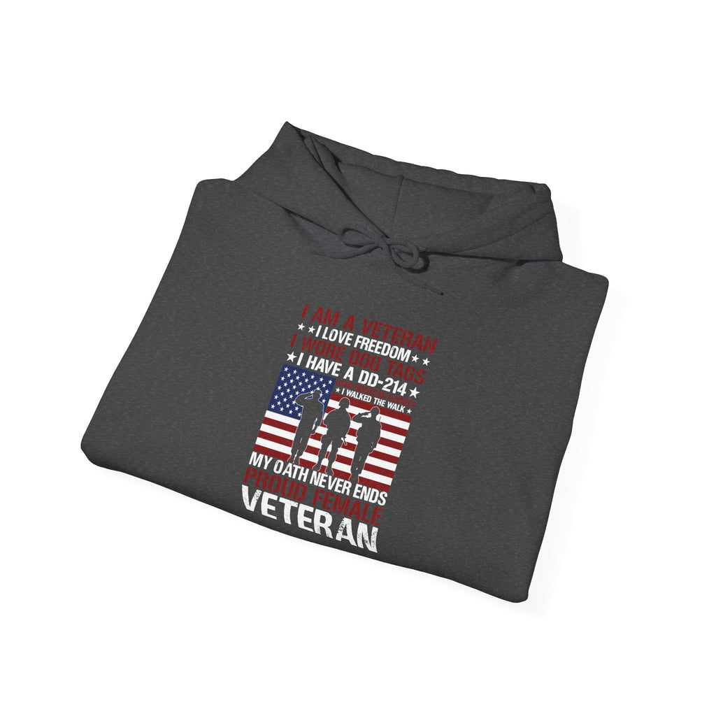 Proud Female Veteran My Oath Never Ends hoodie, folded