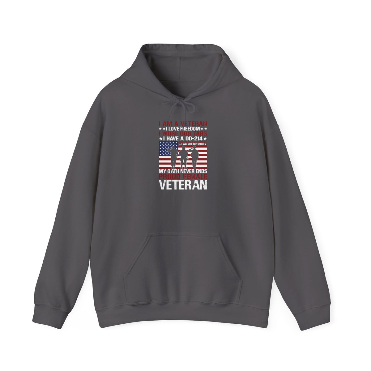 Charcoal Proud Female Veteran My Oath Never Ends hoodie with saluting soldiers and flag print, front view