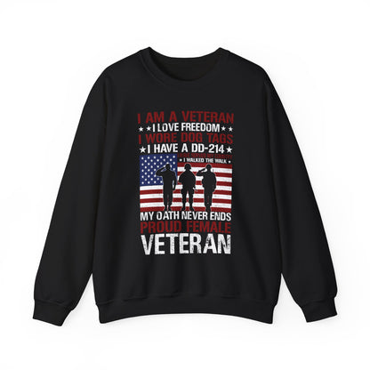 Black proud female veteran sweatshirt with saluting soldiers and my oath never ends print, front view