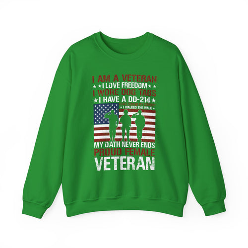 Irish green proud female veteran sweatshirt with saluting soldiers and my oath never ends print, front view
