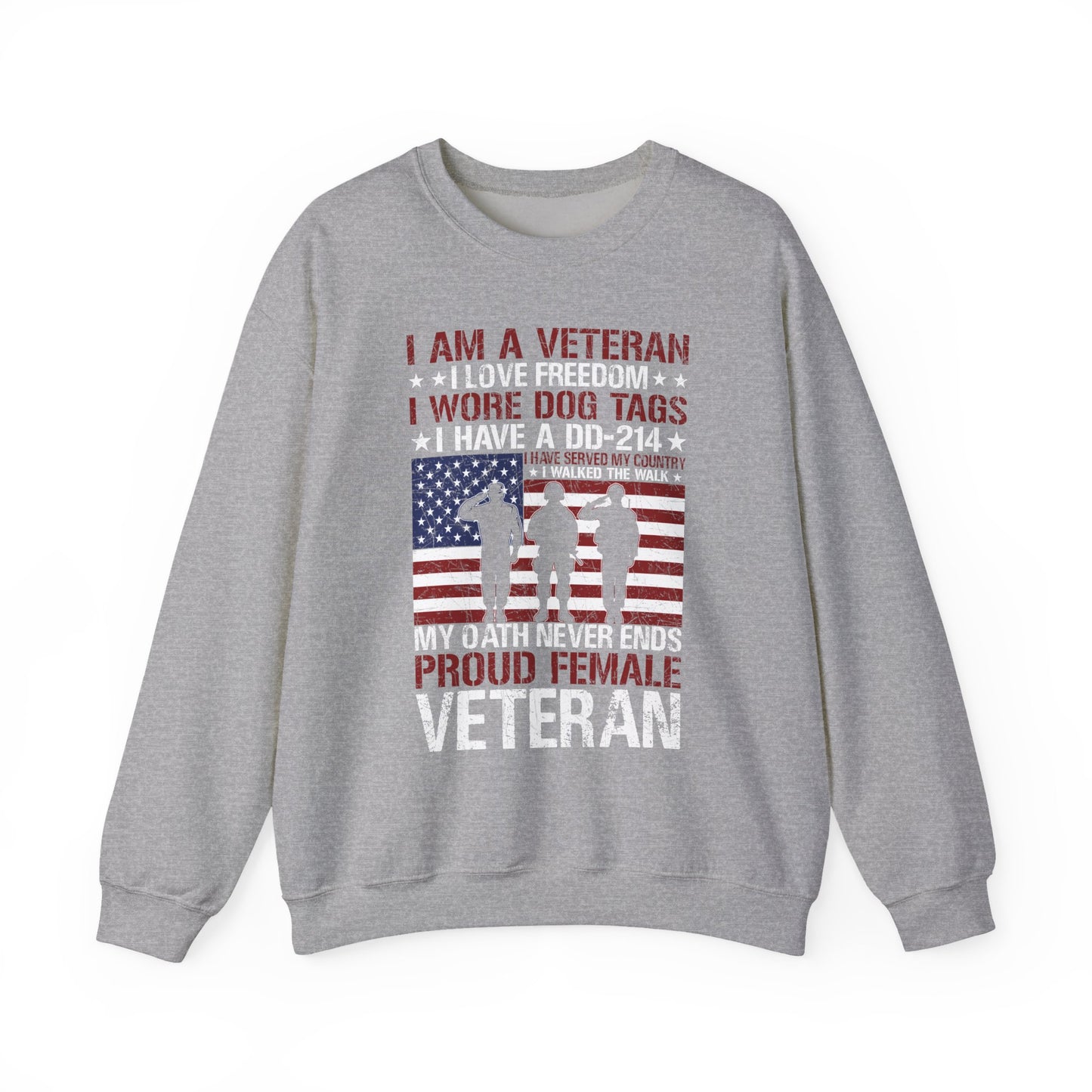 Sport grey proud female veteran sweatshirt with saluting soldiers and flag print, front view