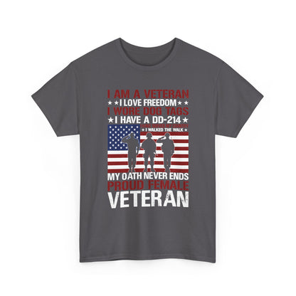 Charcoal proud female veteran t-shirt with saluting soldiers and my oath never ends print, front view