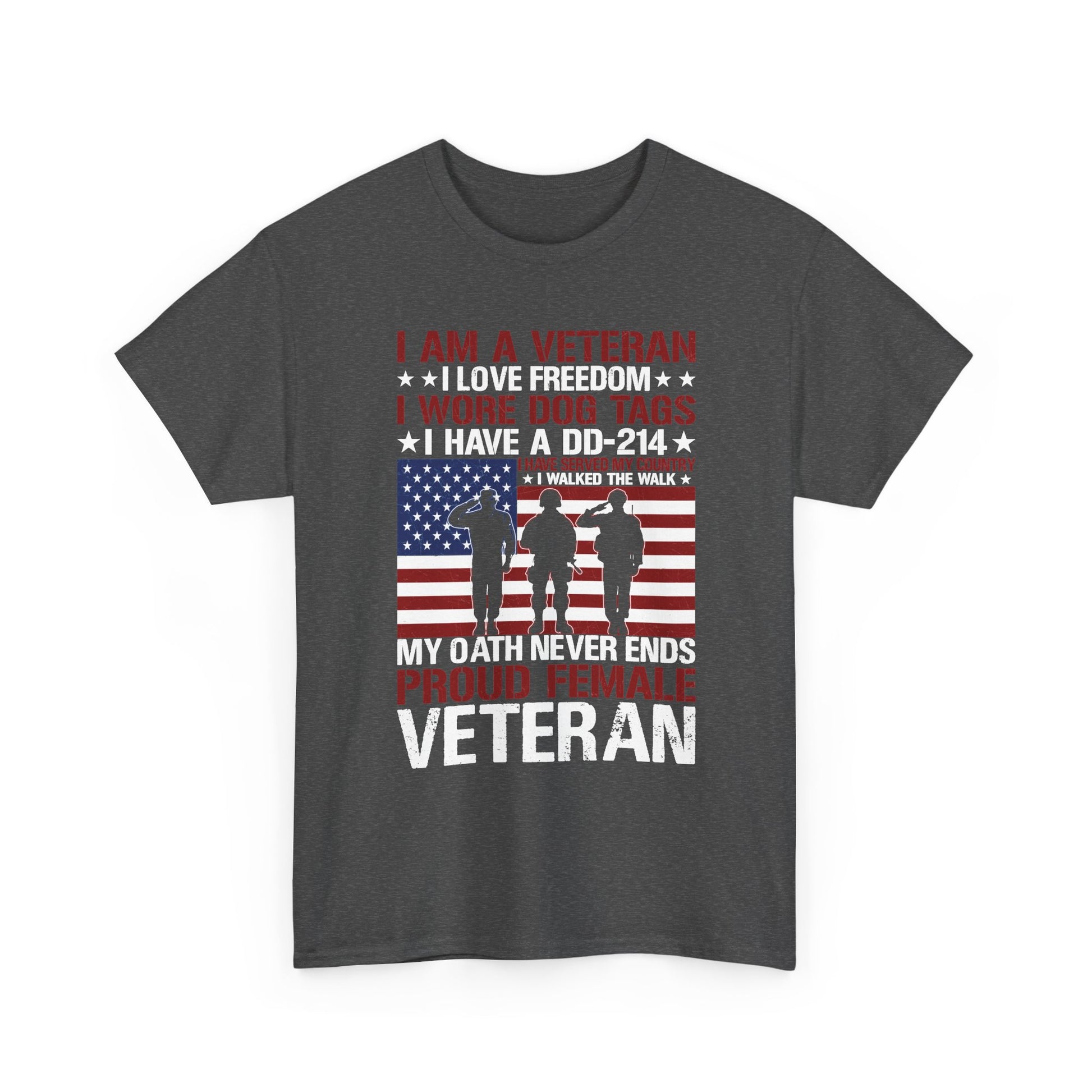Dark heather proud female veteran t-shirt with saluting soldiers and flag print, front view
