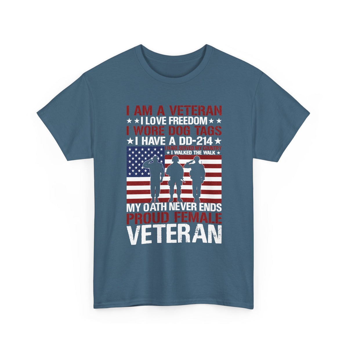 Indigo blue proud female veteran t-shirt with saluting soldiers and flag print, front view