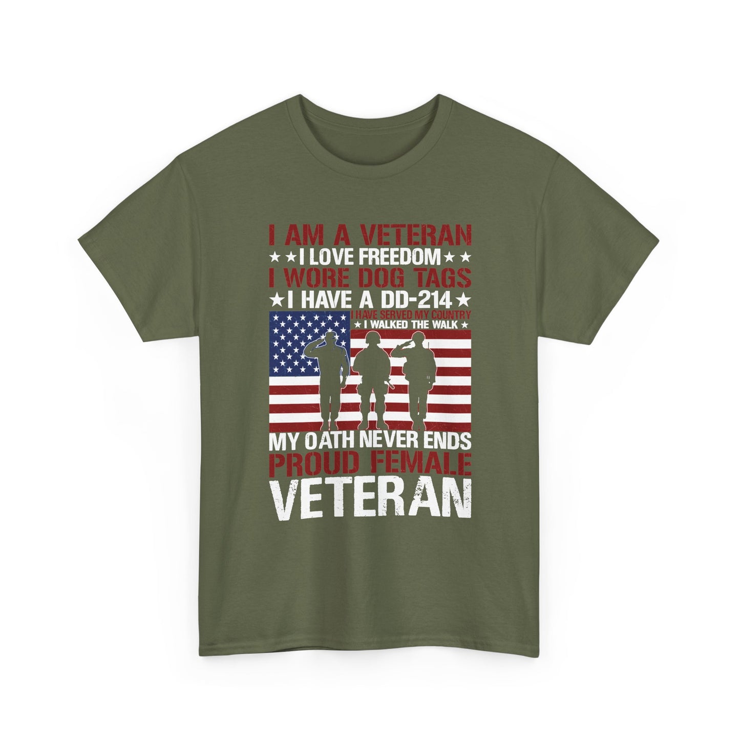 Military green proud female veteran t-shirt with saluting soldiers and flag print, front view