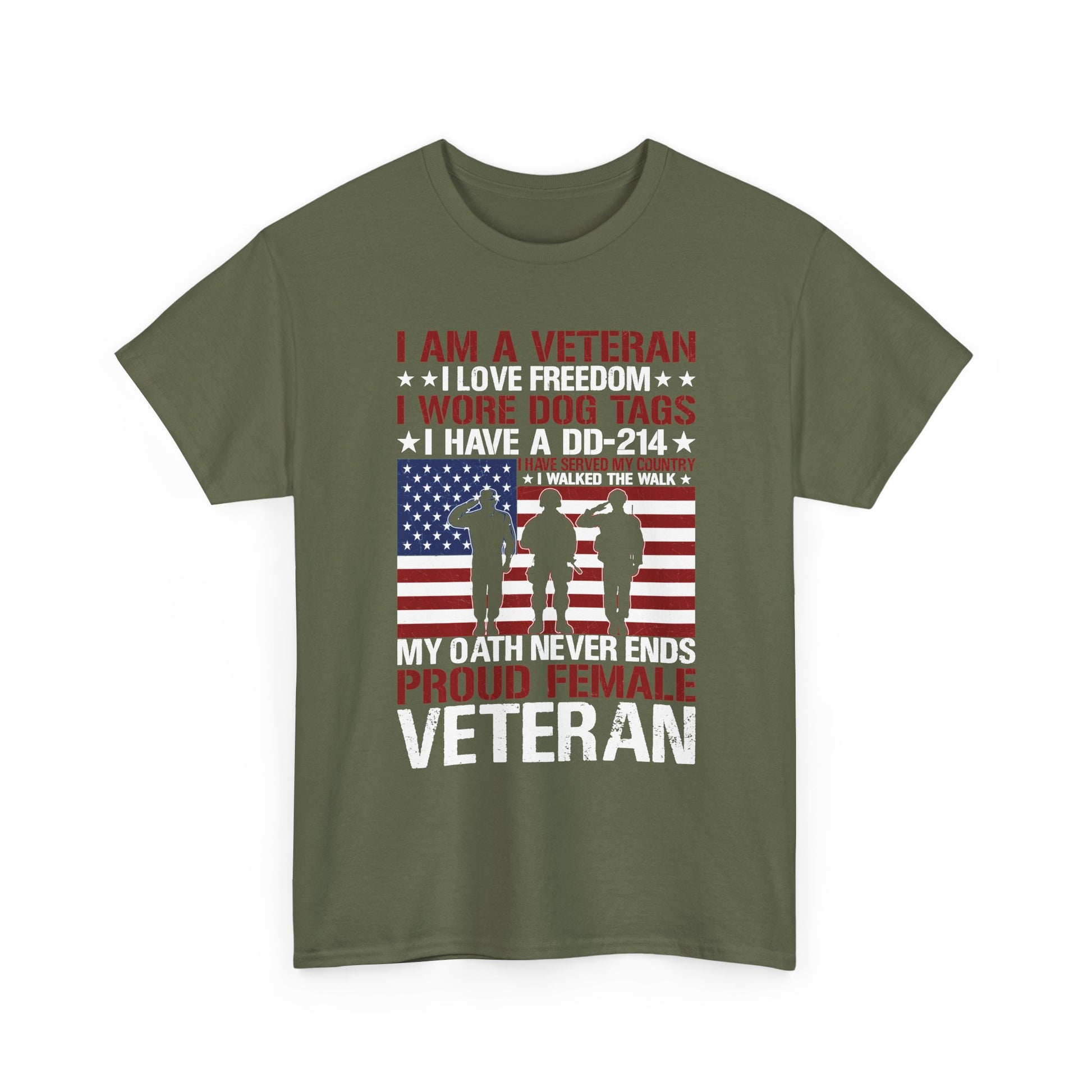 Military green proud female veteran t-shirt with saluting soldiers and flag print, front view