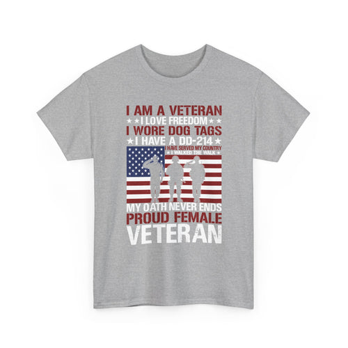 Sport grey proud female veteran t-shirt with saluting soldiers and my oath never ends print, front view
