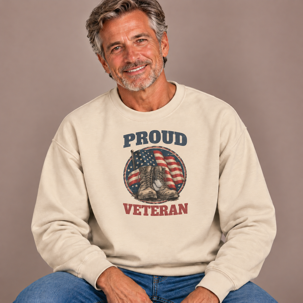 Man wearing the Sand Proud Veteran Sweatshirt with jeans
