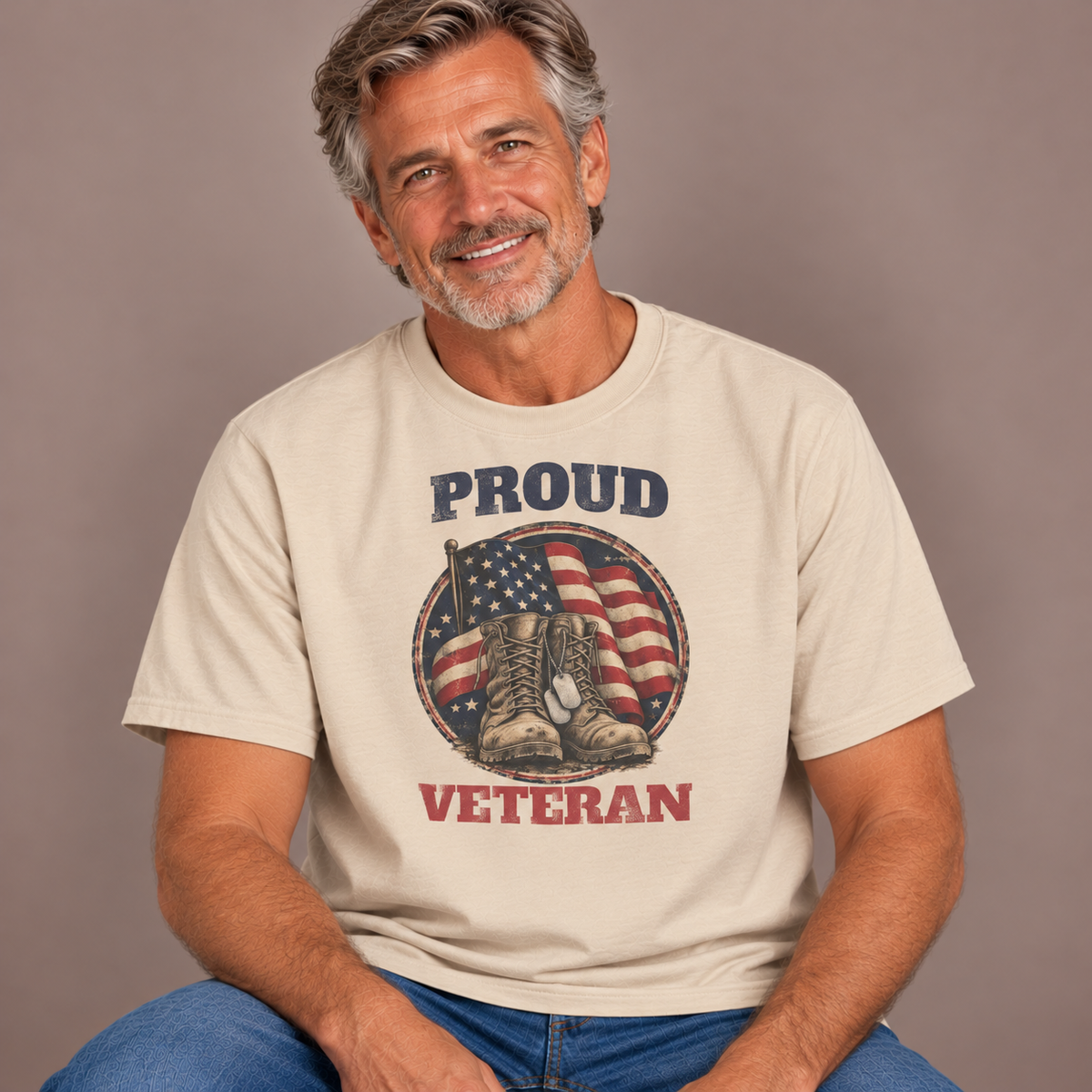 Man wearing the Sand Proud Veteran T-Shirt with jeans