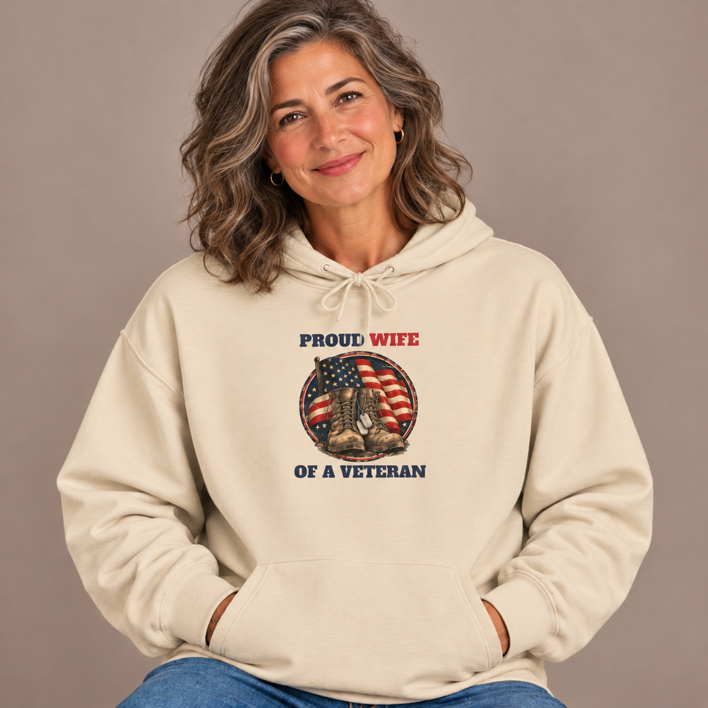 Woman wearing the Sand Proud Wife Of A Veteran Hoodie with jeans