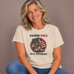Woman wearing the Sand Proud Wife Of A Veteran T-Shirt with jeans