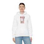 Model wearing the white RED Remember Everyone Deployed Hoodie