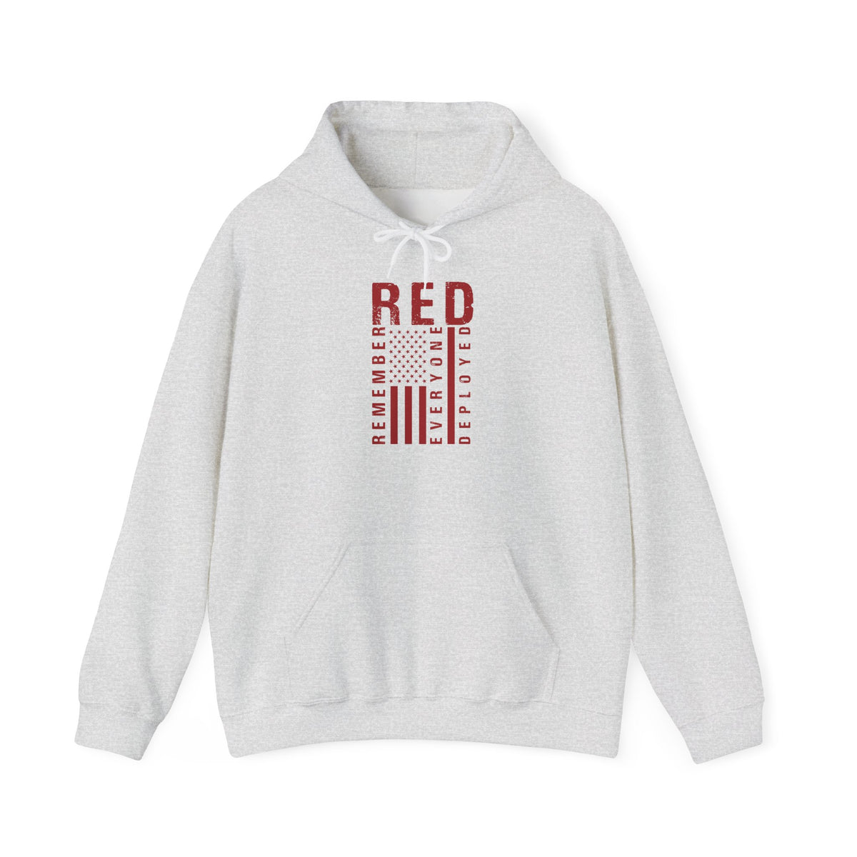 Ash RED remember everyone deployed hoodie with distressed American flag print, front view