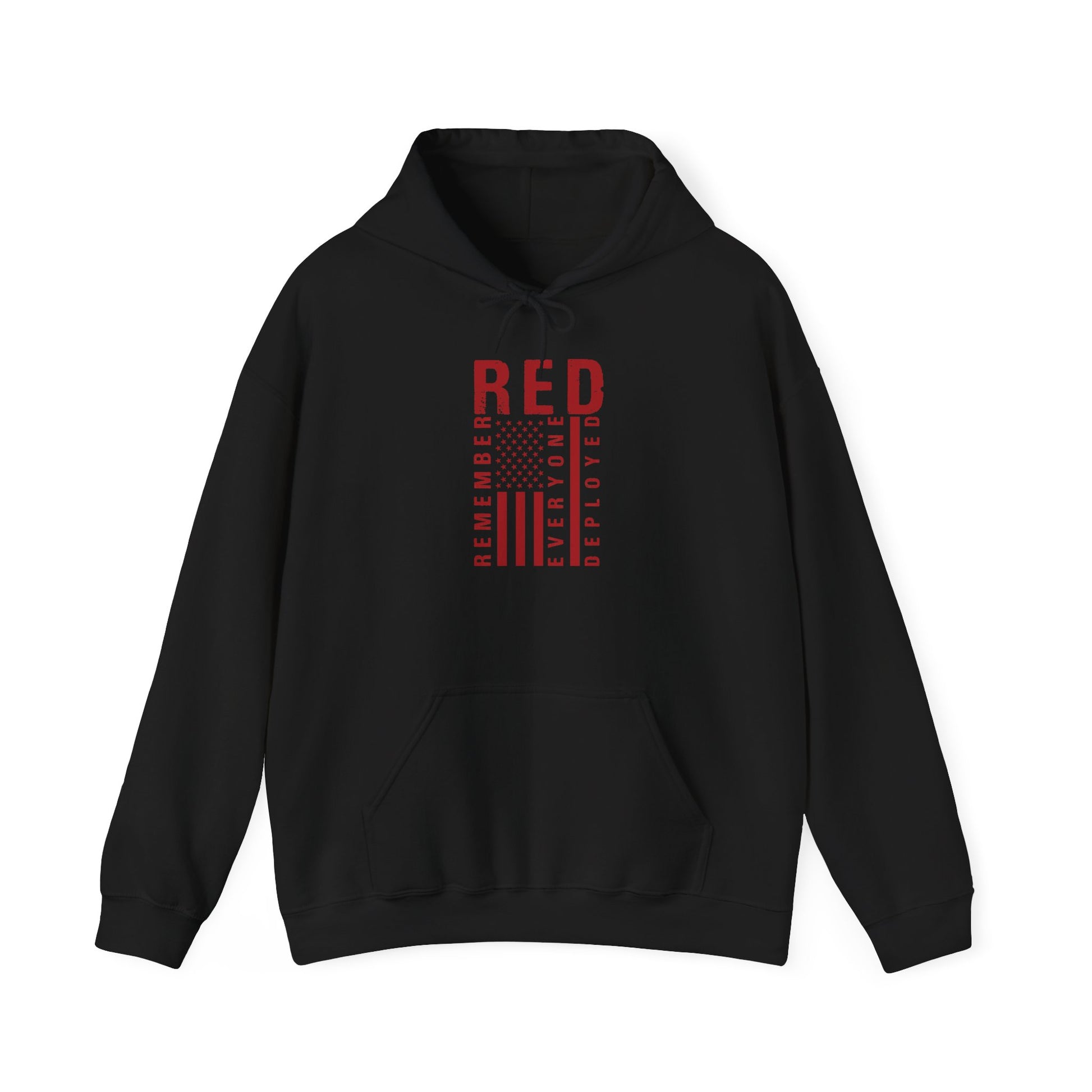 Black RED remember everyone deployed hoodie with distressed American flag print, front view