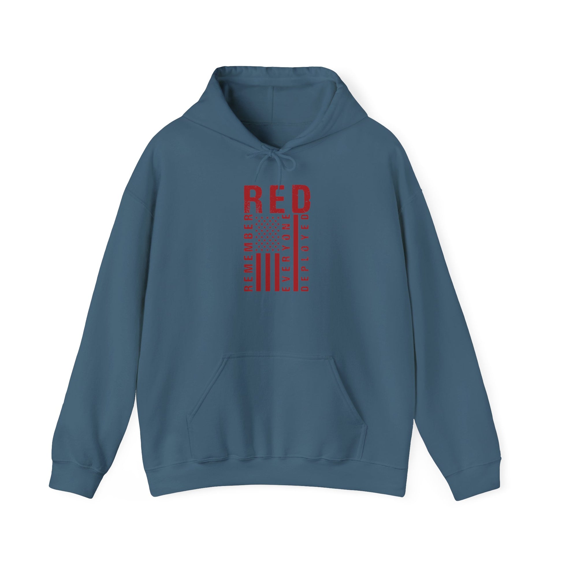 Indigo blue RED remember everyone deployed hoodie with distressed flag print, front view