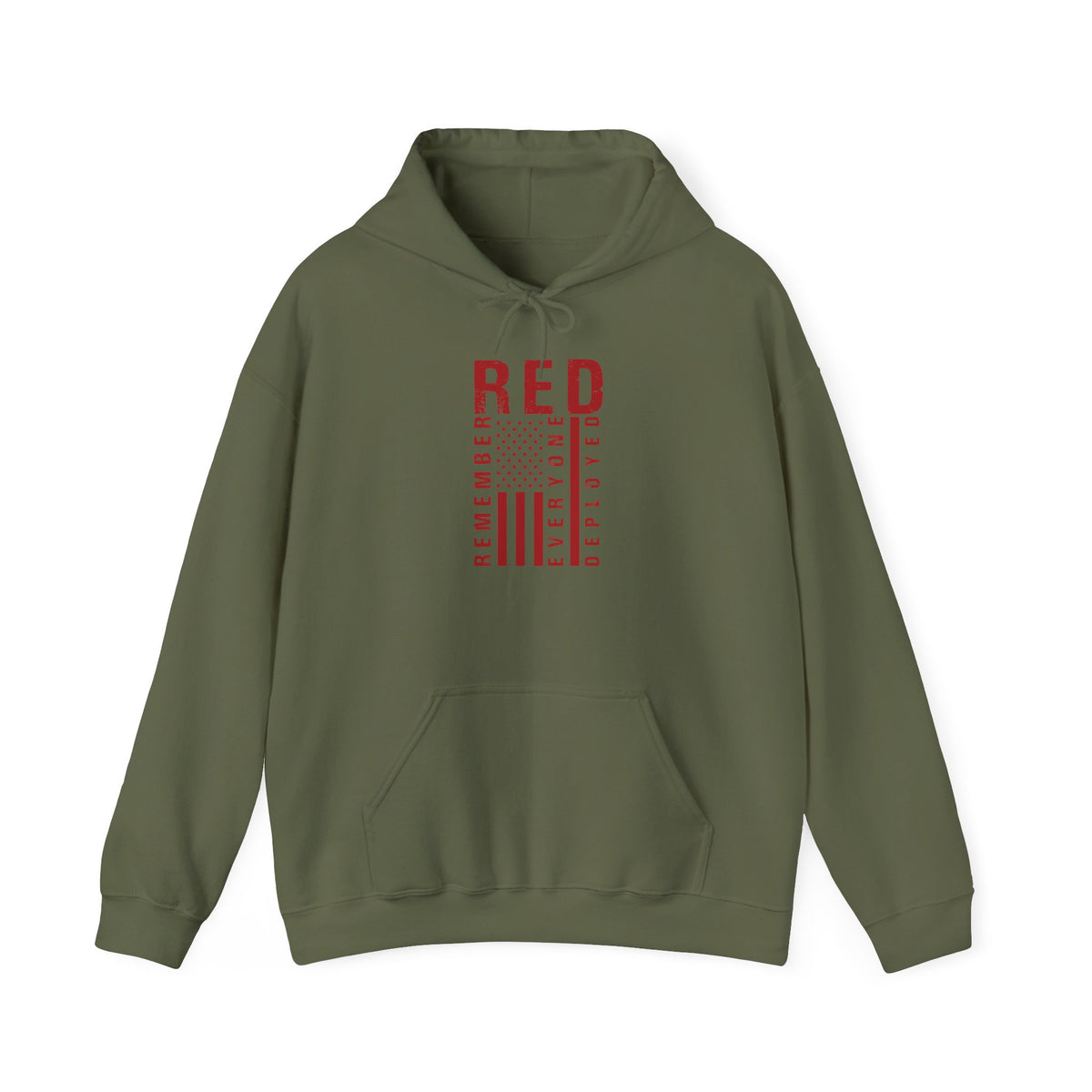 Military green RED remember everyone deployed hoodie with distressed flag print, front view