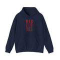 Navy RED remember everyone deployed hoodie with distressed American flag print, front view