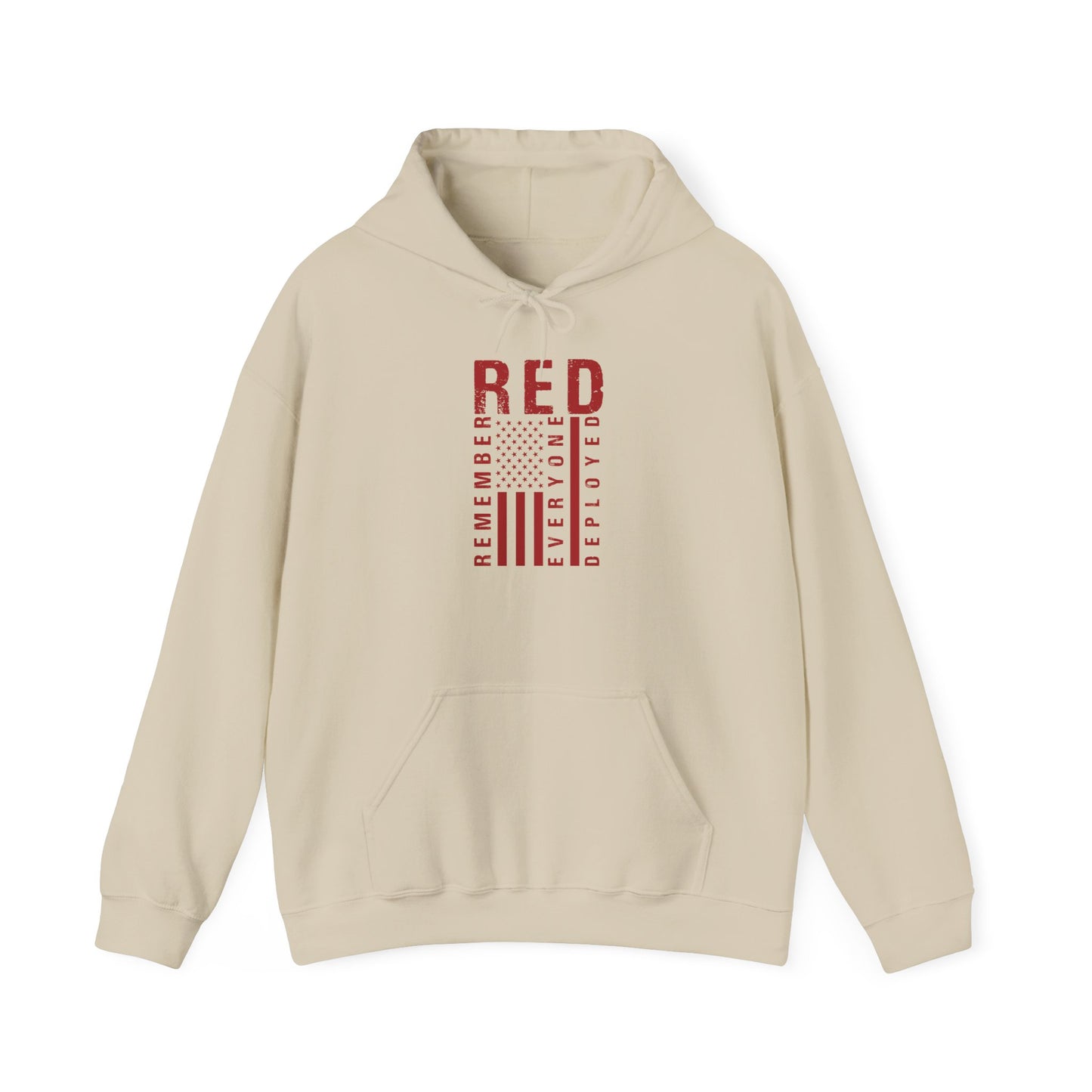 Sand RED remember everyone deployed hoodie with distressed American flag print, front view