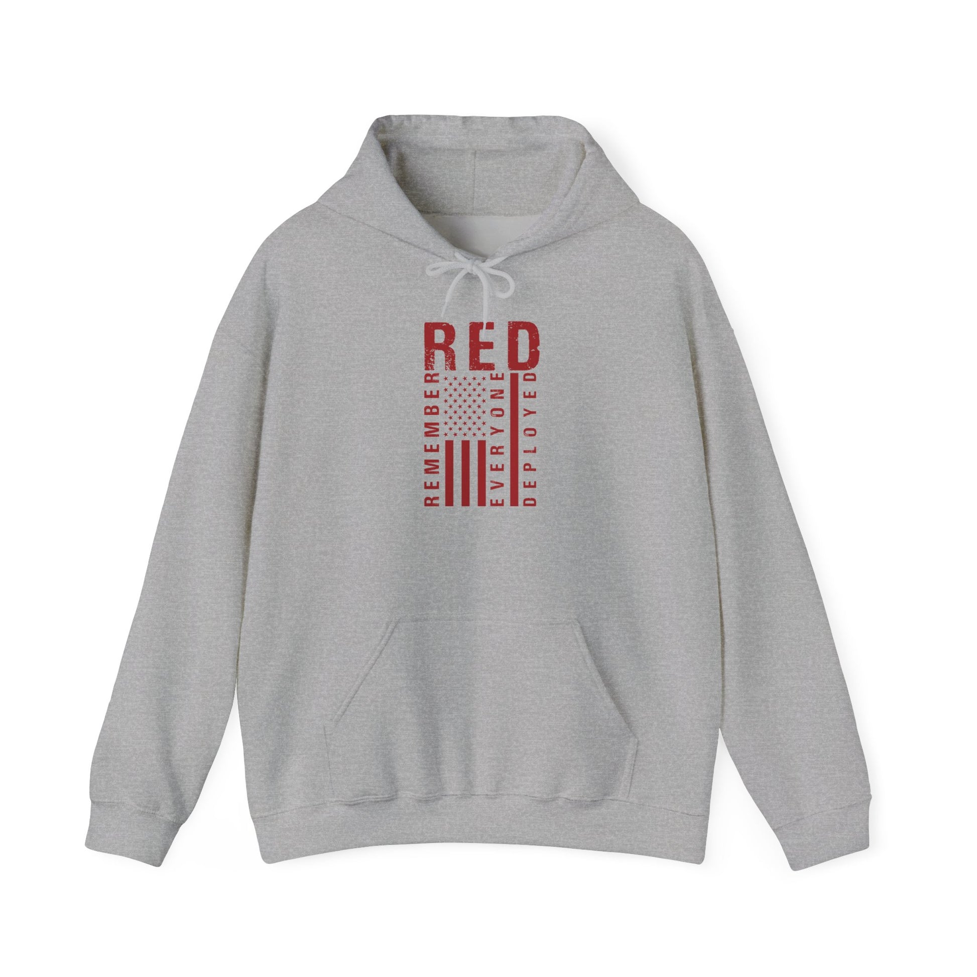 Sport grey RED remember everyone deployed hoodie with distressed flag print, front view
