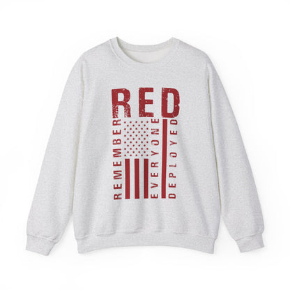 Ash RED remember everyone deployed sweatshirt with distressed American flag print, front view